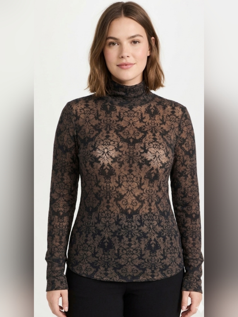 Free People Black/Brown Long Sleeves Turtleneck Top,Size M